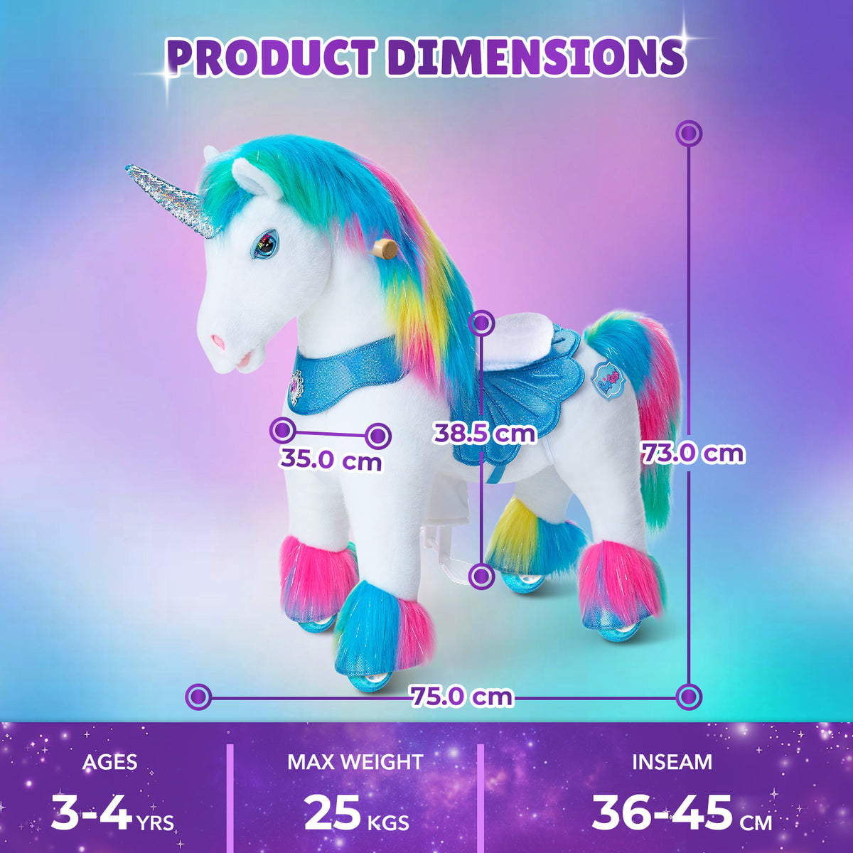 Licorne arc-en-ciel modèle Y, jouet à chevaucher pour les 3-4 ans – Lancement en octobre