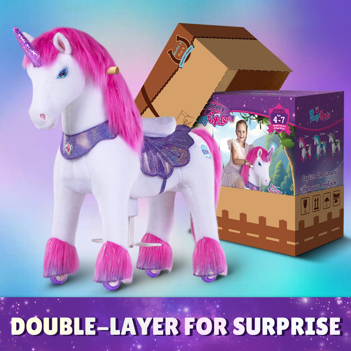 Jouet à chevaucher licorne rose modèle Y pour les 4-7 ans – Lancement en octobre