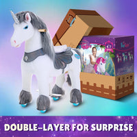 Licorne grise modèle Y, jouet à chevaucher pour les 4-7 ans – Lancement en octobre