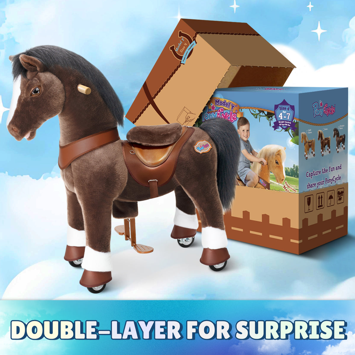 Cheval brun chocolat modèle Y, jouet à monter pour les 4-7 ans – Lancement en octobre